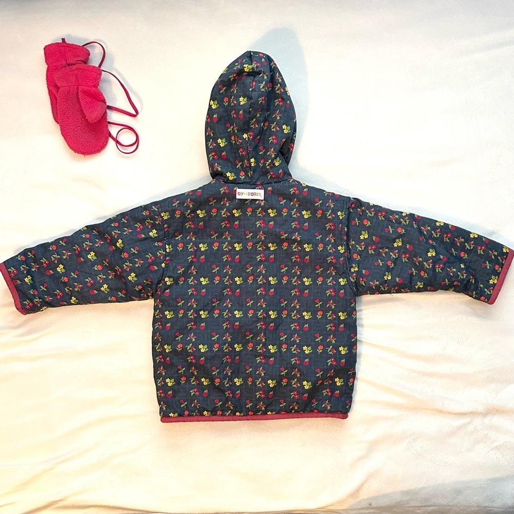 Vintage Gymboree 1998 Rainbow Tag Reversible Floral Blue/Pink Coat &Mittens 2-3T - Picture 4 of 12